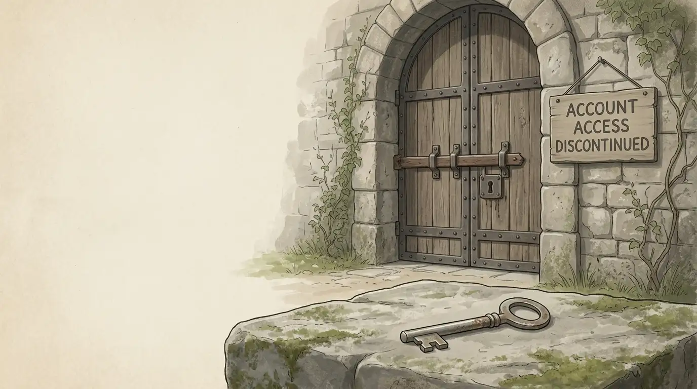 Editorial illustration of an inactive login key beside a closed castle gate