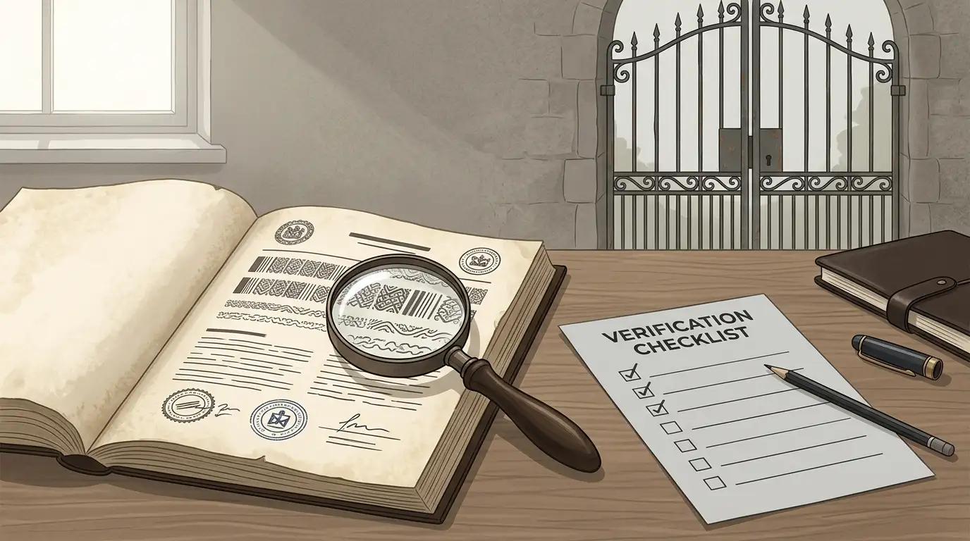 Neutral editorial illustration of a licence document and regulatory checklist